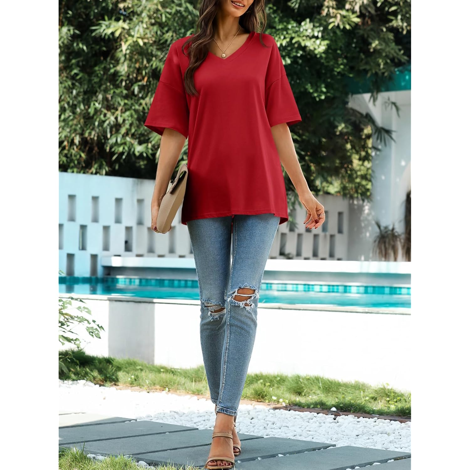 Women's Oversized V-Neck Tunic Top Red