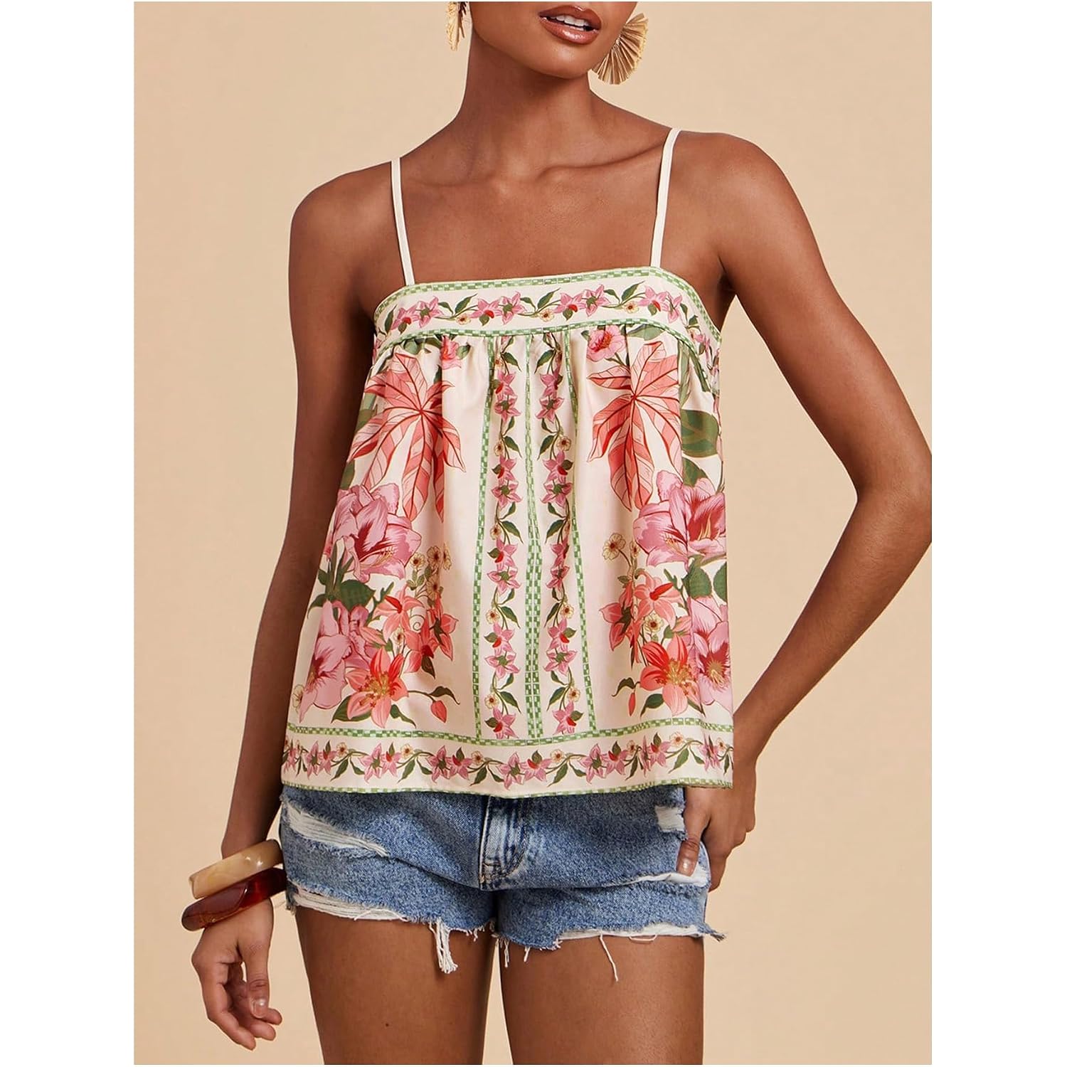 SOLY HUX Women's Boho Floral Cami Top Spaghetti Strap Sleeveless Vacation Summer Camisole