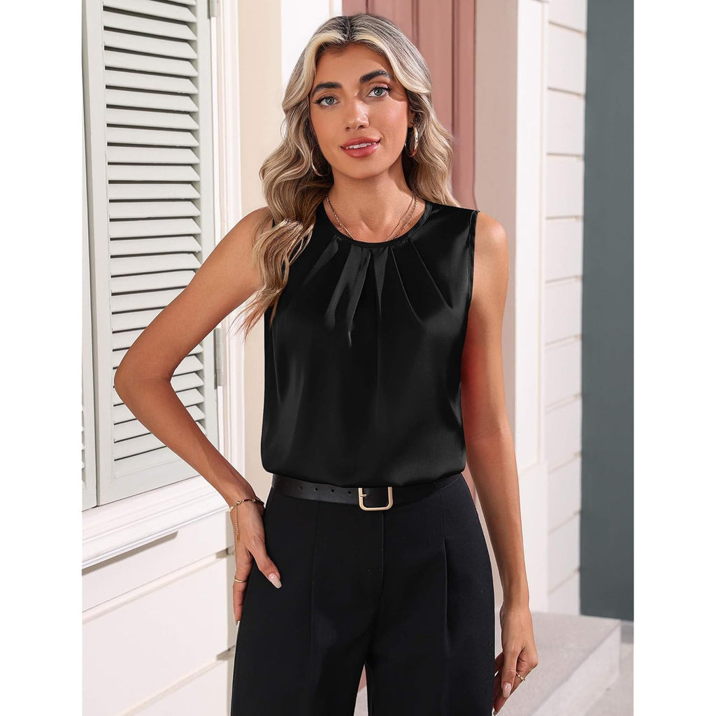 Women's Pleated Satin Crew Neck Tank Top Black