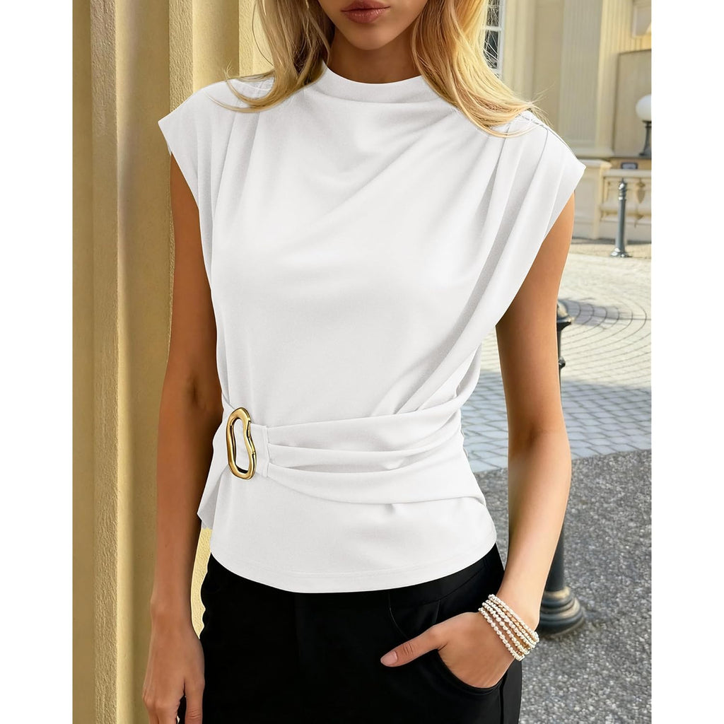Women's Mock Neck Buckle Tunic Top White