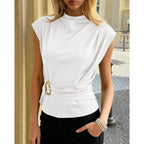 Women's Mock Neck Buckle Tunic Top White