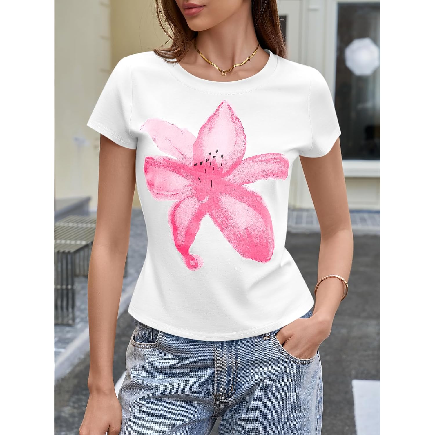 Tankaneo Womens Y2K Graphic Baby Tees Summer Floral Print Crop Tops Cotton Short Sleeve Slim Fit T-Shirts