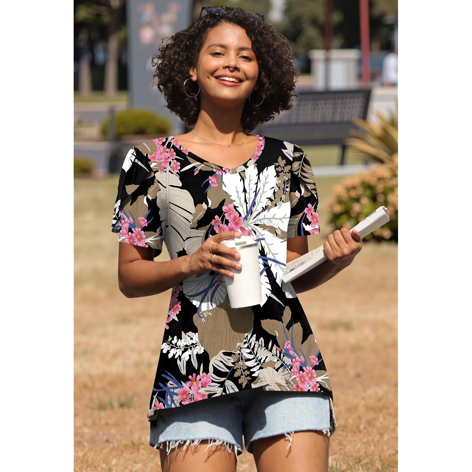 Women's Classic V-Neck Tunic Top Leaf Pink