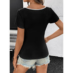 Dokotoo Womens Tops Summer Short Sleeve Crew Neck Slim Fitted Blouse Trendy Cut Out Floral Pattern Basic Tees Shirts