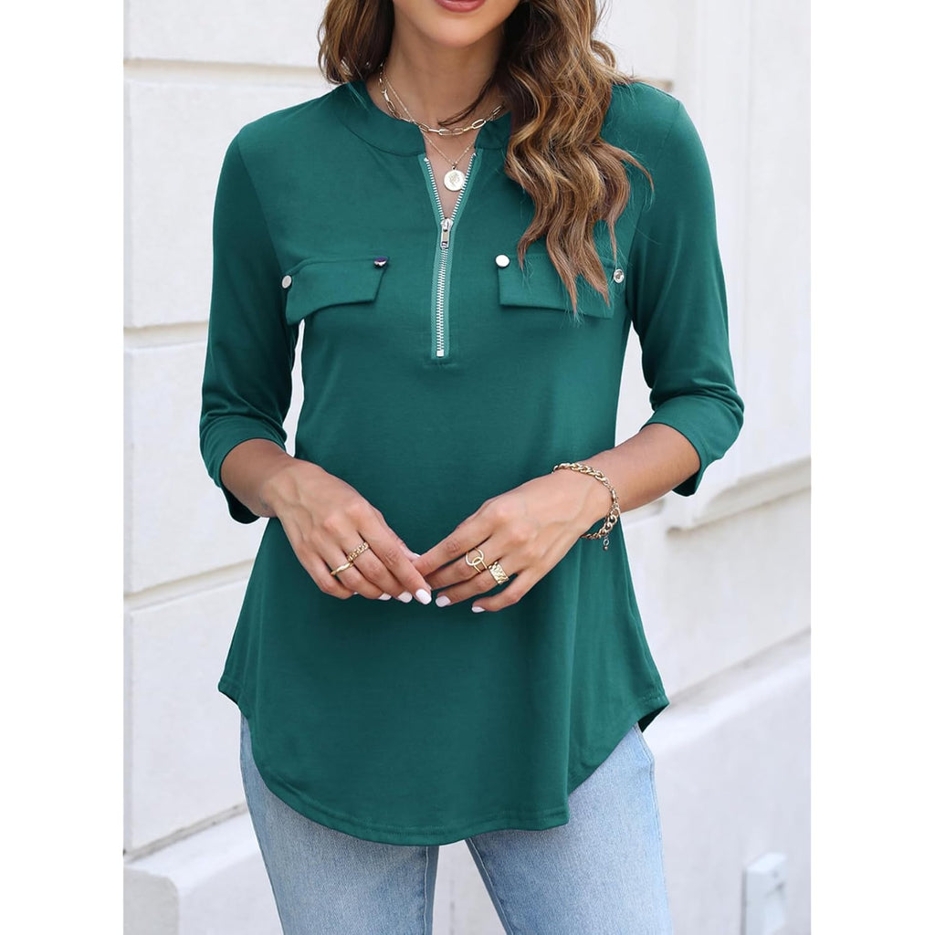 Women's Zipper Front V-Neck Tunic Top Green