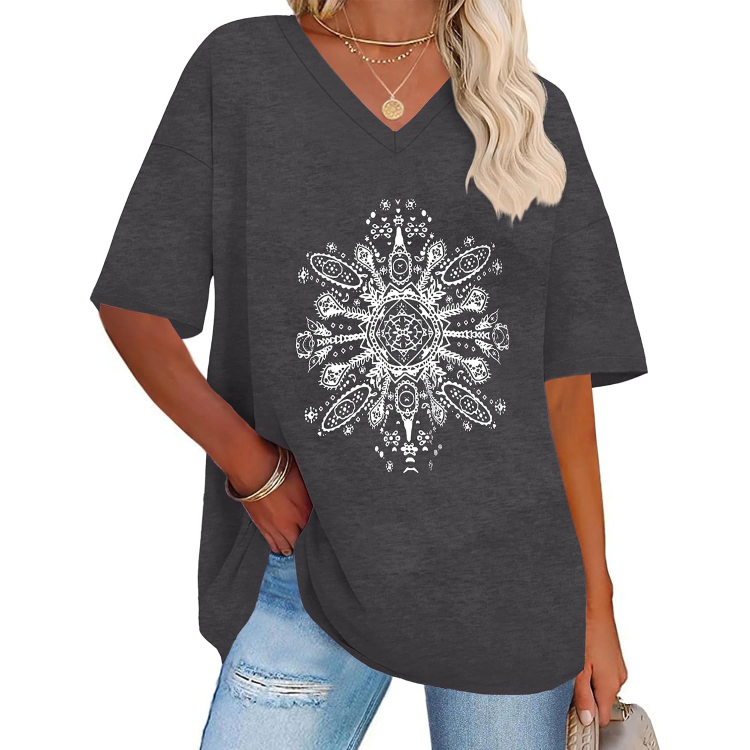 ADOREJOY Oversized Tshirts for Women V Neck Summer Graphic Tees Casual Short Sleeve Loose Tops 2026