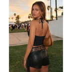 Women's Backless Halter Crop Tank Top Black