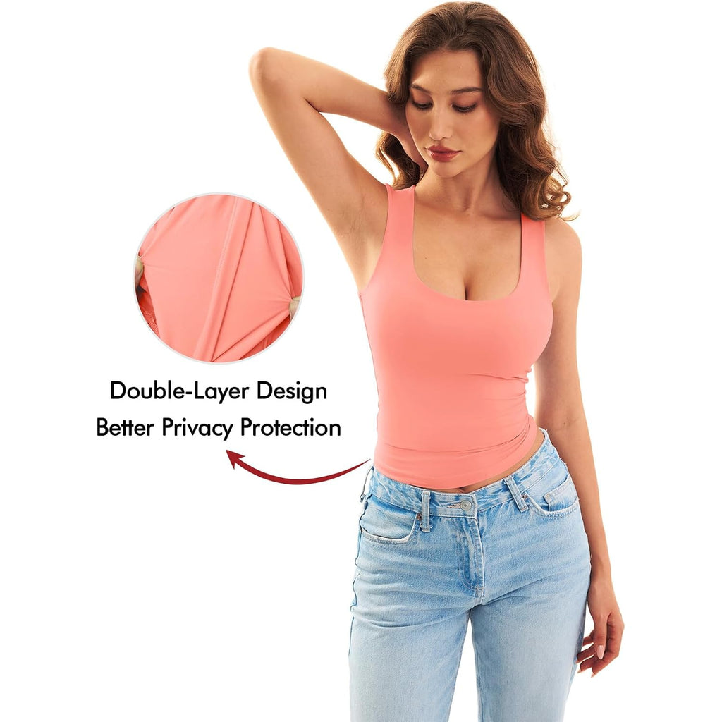 GKBK Women's Scoop Neck Tank Top Double Lined Sleeveless Fitted Basic Summer Top for Daily Wear and Going Out