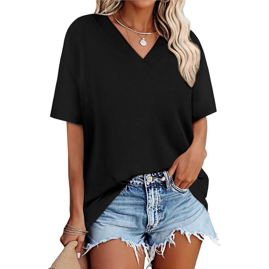 WIHOLL Oversized Tshirts for Women 2026 Summer Tops Short Sleeve V Neck Shirts Basic Tee