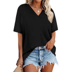 WIHOLL Oversized Tshirts for Women 2026 Summer Tops Short Sleeve V Neck Shirts Basic Tee