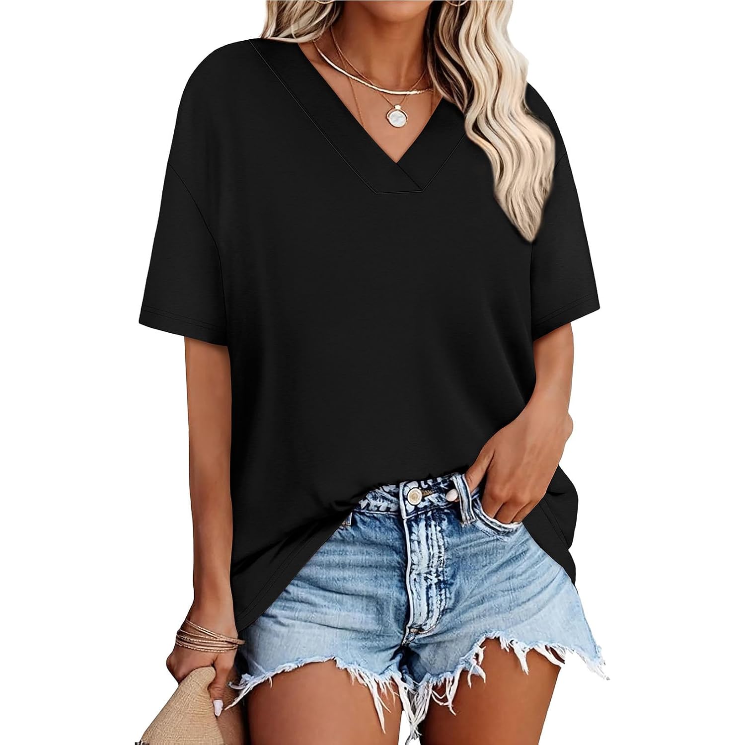 WIHOLL Oversized Tshirts for Women 2026 Summer Tops Short Sleeve V Neck Shirts Basic Tee
