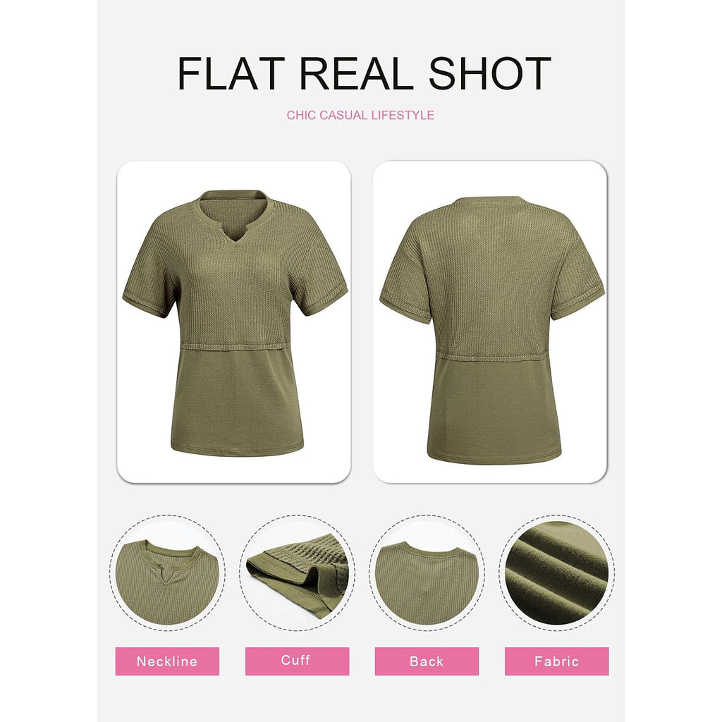 SHEWIN Womens Casual V Neck Waffle Knit Tops Short Sleeve T Shirts Loose Blouses