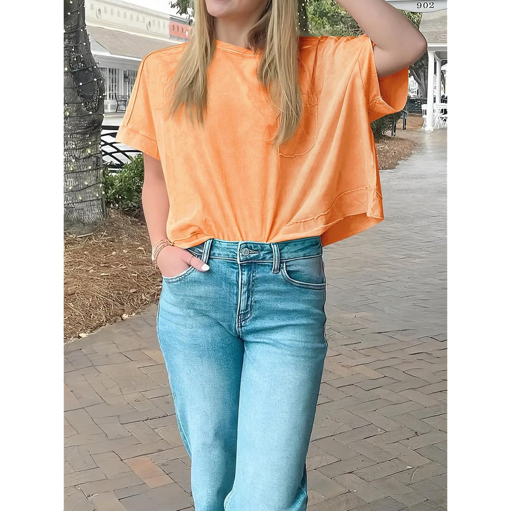 Cicy Bell Womens Summer Cropped T-Shirts Boxy Casual Short Sleeve Crew Neck Tops Acid Wash Cotton Loose Fit Tee Shirts
