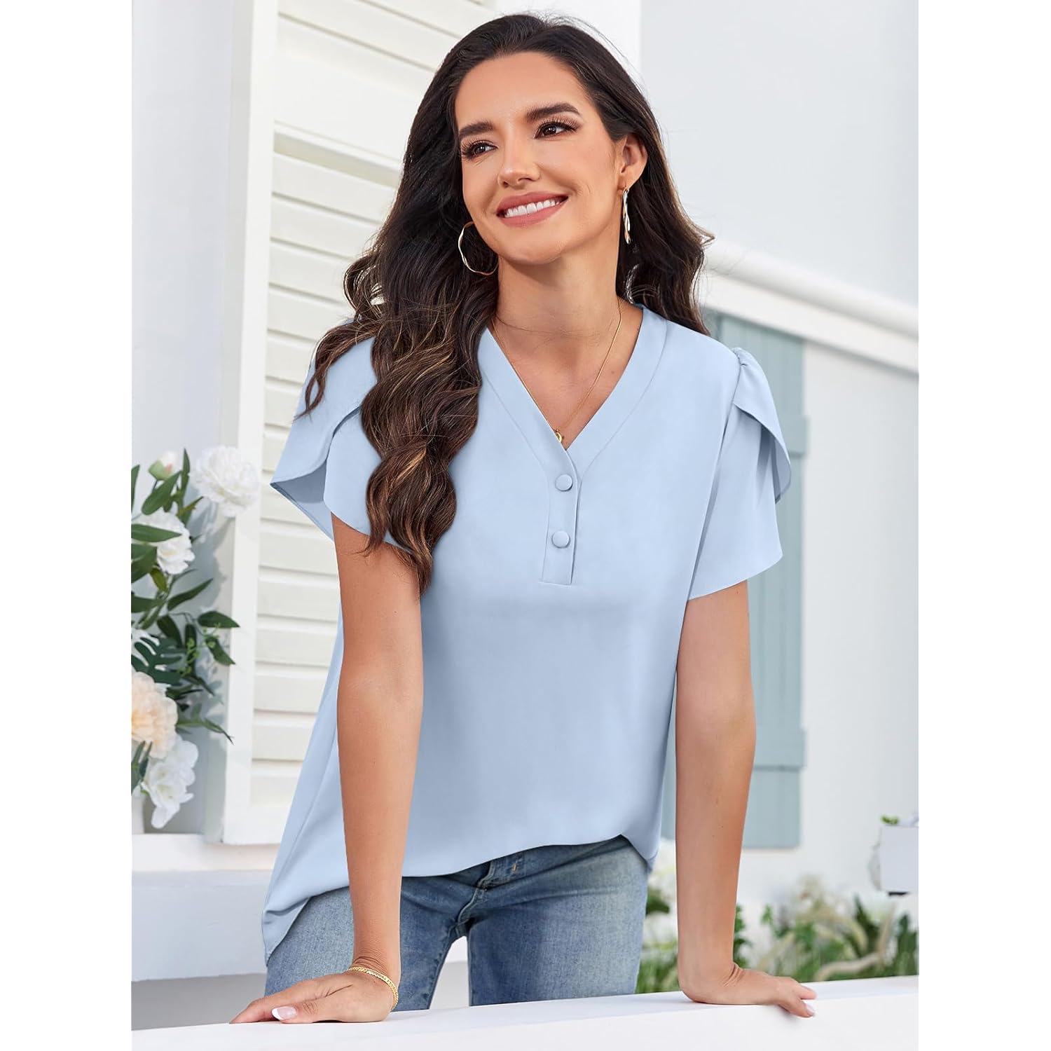 Women's Button Front Chiffon Tunic Top Light Blue