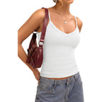 GKBK Womens Lace Tank Tops Ribbed V Neck Adjustable Spaghetti Straps Sleeveless Shirts Y2K Fitted Summer Basic Cami Tops