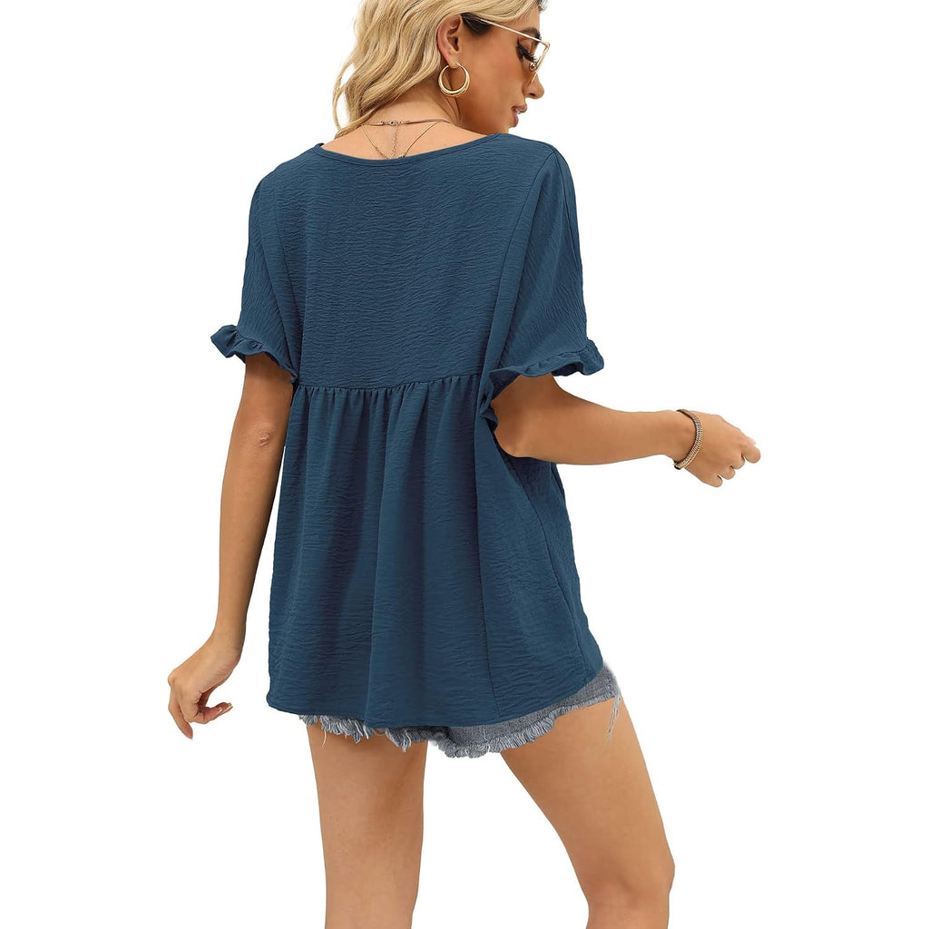 WIHOLL Womens Tops Casual V Neck Ruffle Sleeve T Shirts Babydoll Loose Fit Peplum Tops