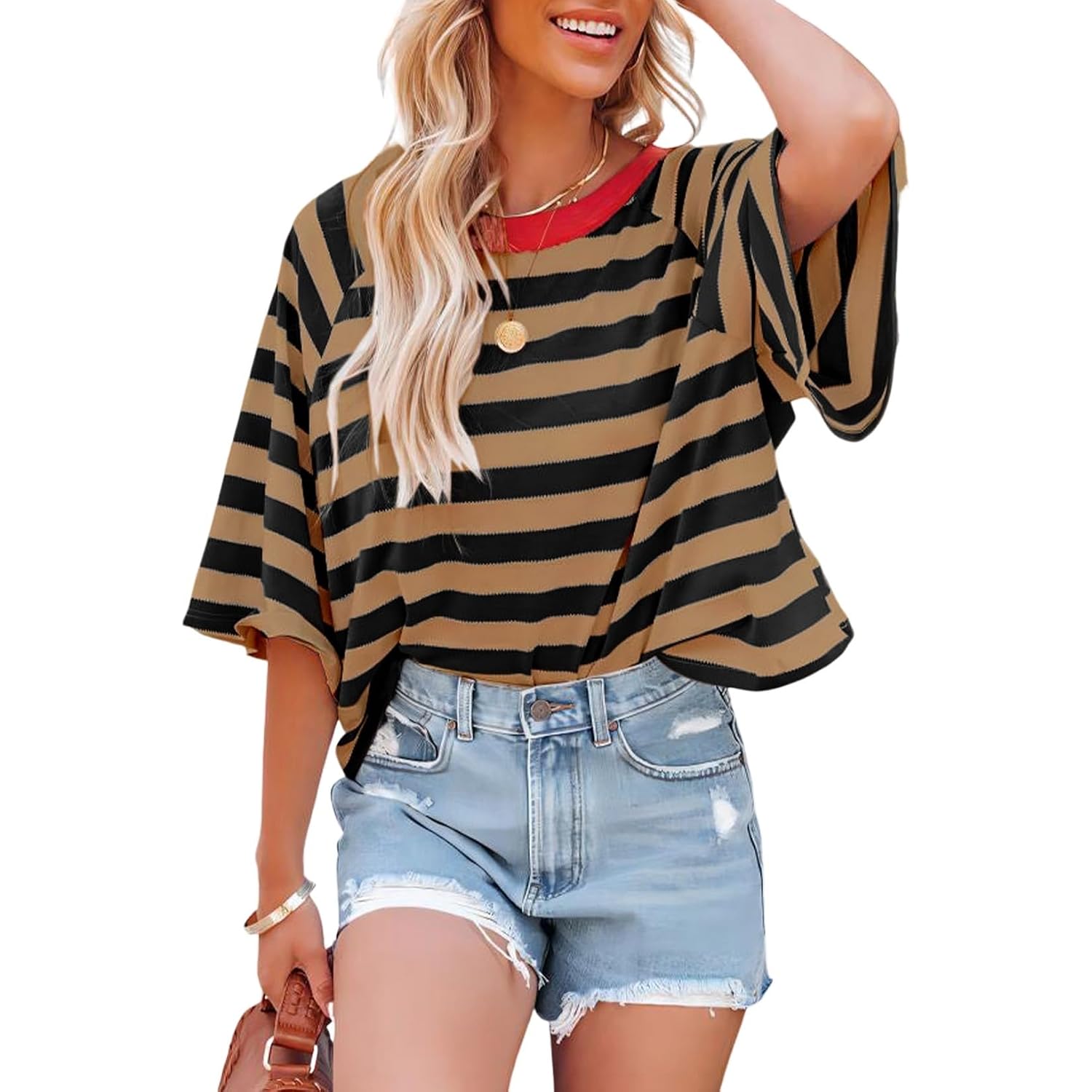 Dokotoo Tops for Women Striped 2026 Fashion T Shirts for Women Color Block Crewneck Design Loose Basic Tee