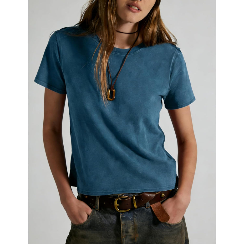 Vintage T Shirts for Women Casual Washed Cropped Tops Short Sleeve Cotton Tshirts Summer Basic Tees Trendy