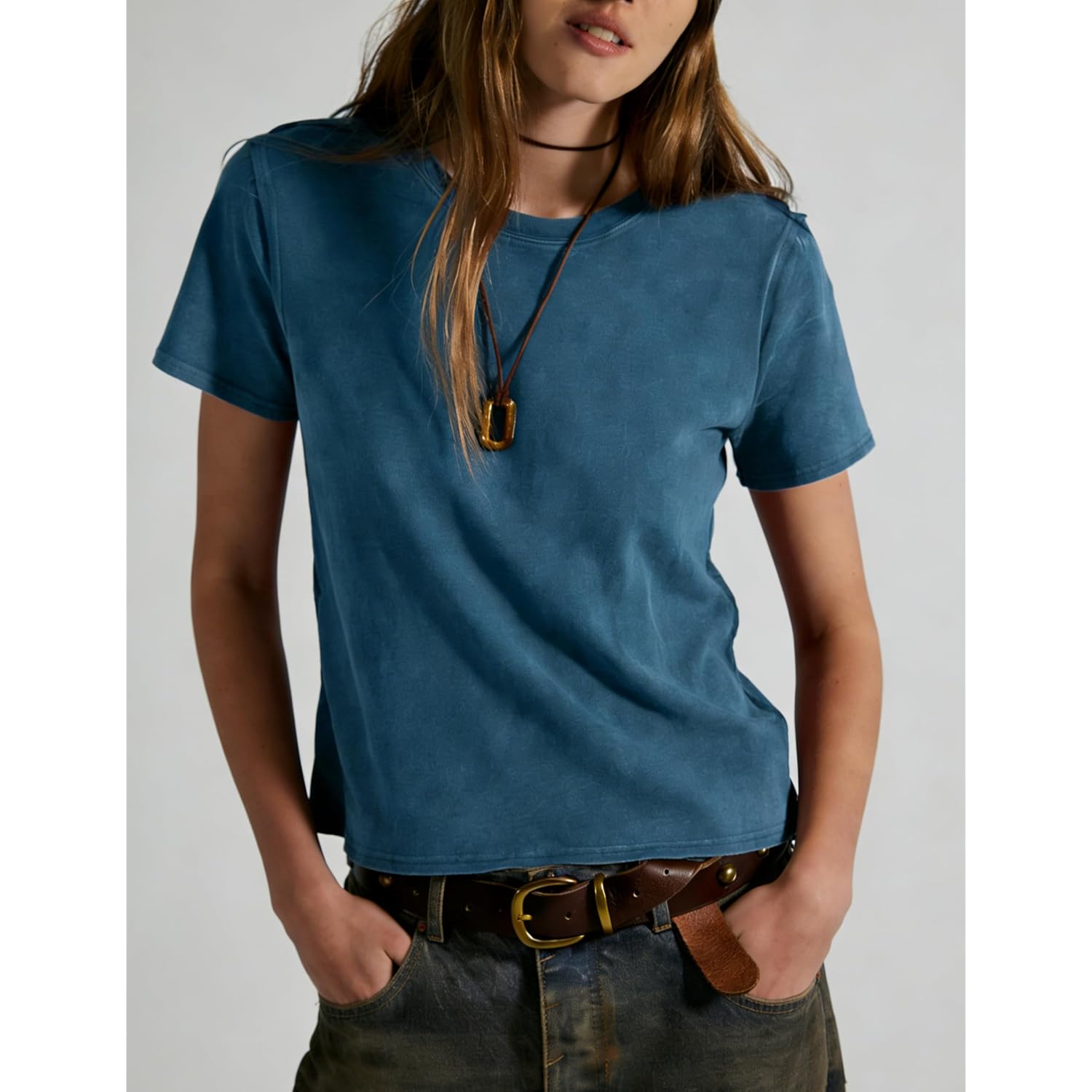 Vintage T Shirts for Women Casual Washed Cropped Tops Short Sleeve Cotton Tshirts Summer Basic Tees Trendy