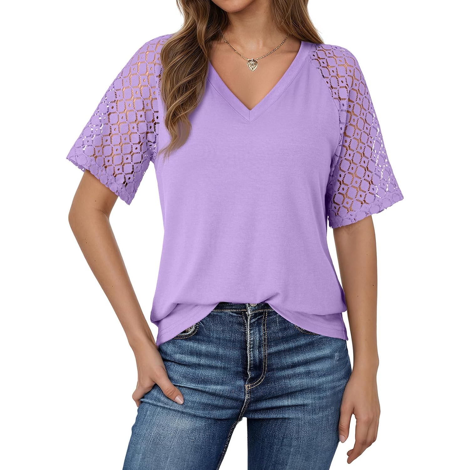 Dokotoo Womens Summer Short Sleeve Shirts Dressy Lace Tops 2026 Casual T-Shirts Cute Work Outfits Blouses