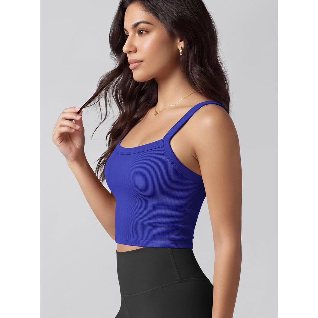 ODODOS Women's Seamless Crop Cami Wide Scoop Neck Ribbed Soft Open Racerback Cropped Tank