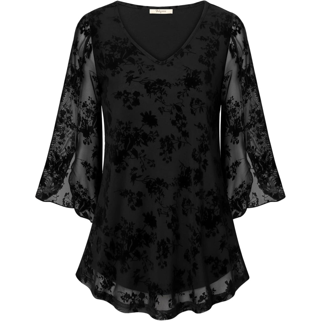 Women's Double Layer Mesh Tunic Top Black Floral