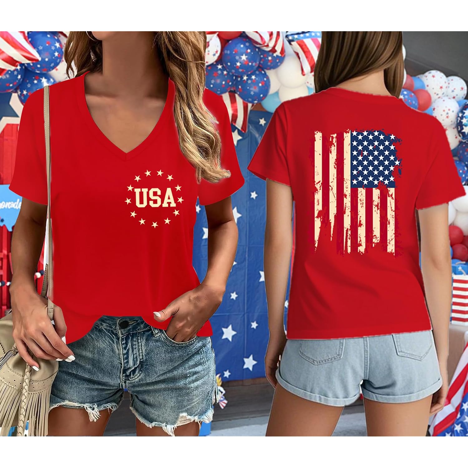 Womens American Flag Shirt USA Patriotic V-Neck T-Shirt 4th of July Short Sleeve Tee