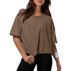 XIEERDUO Cotton Tshirts for Women Drop Shoulder Round Neck Oversized Crop Tops Workout Tops Tees