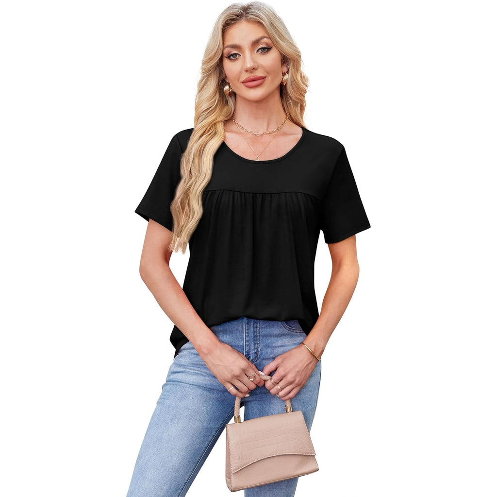 WIHOLL Womens Tops Short Sleeve T Shirts Pleated Dressy Casual Round Neck Summer Clothes Outfits Blouses Loose Fit