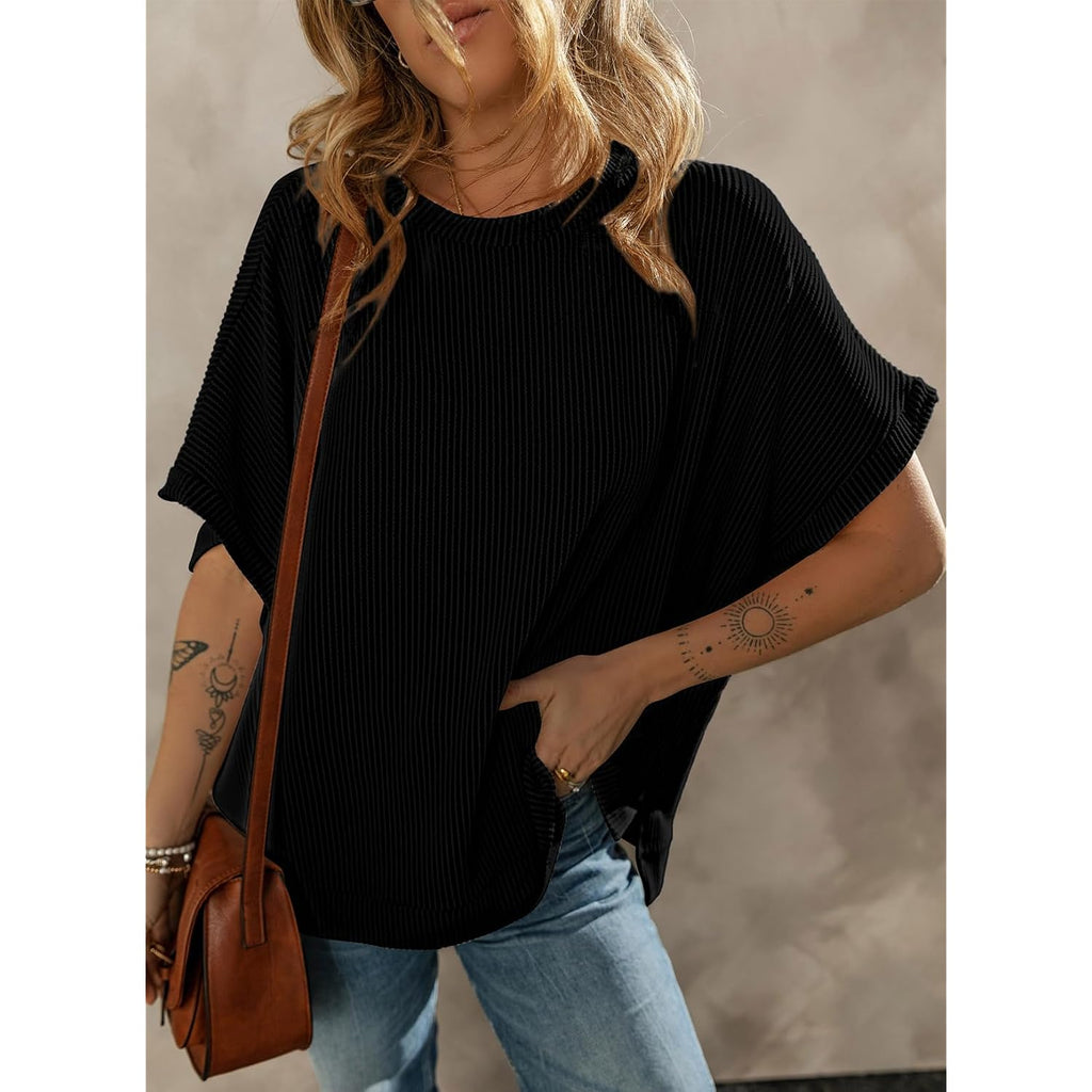 Dokotoo Women's Casual Oversized Short Sleeve Solid Color Loose Texture Knit Tunic Tops Blouses