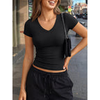 Trendy Queen Womens V Neck Short Sleeve Shirts Buttery Soft Crop Tops 2026