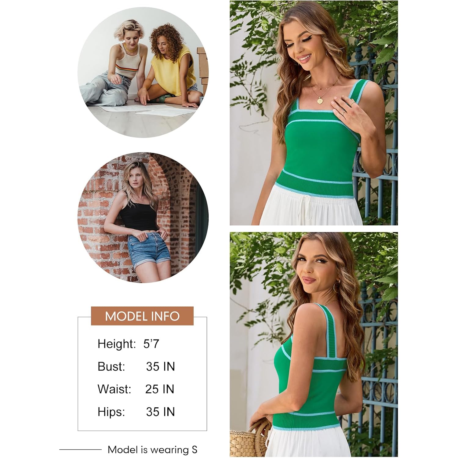 Dokotoo Women's Square Neck Knit Crop Tank Tops 2026 Slim Fit Y2K Color Block Sleeveless Cami Shirts