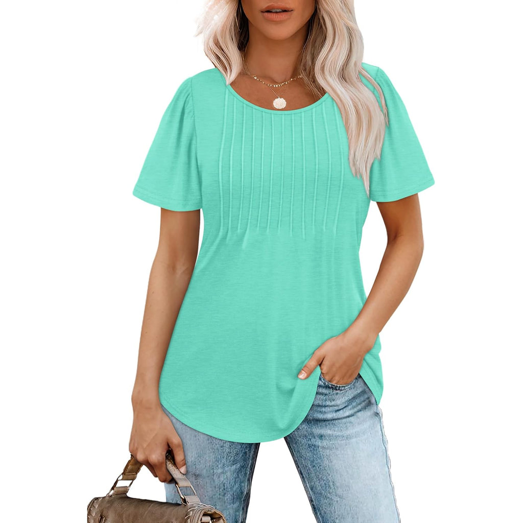 Women's Pleated Scoop Neck Tunic Top Aqua