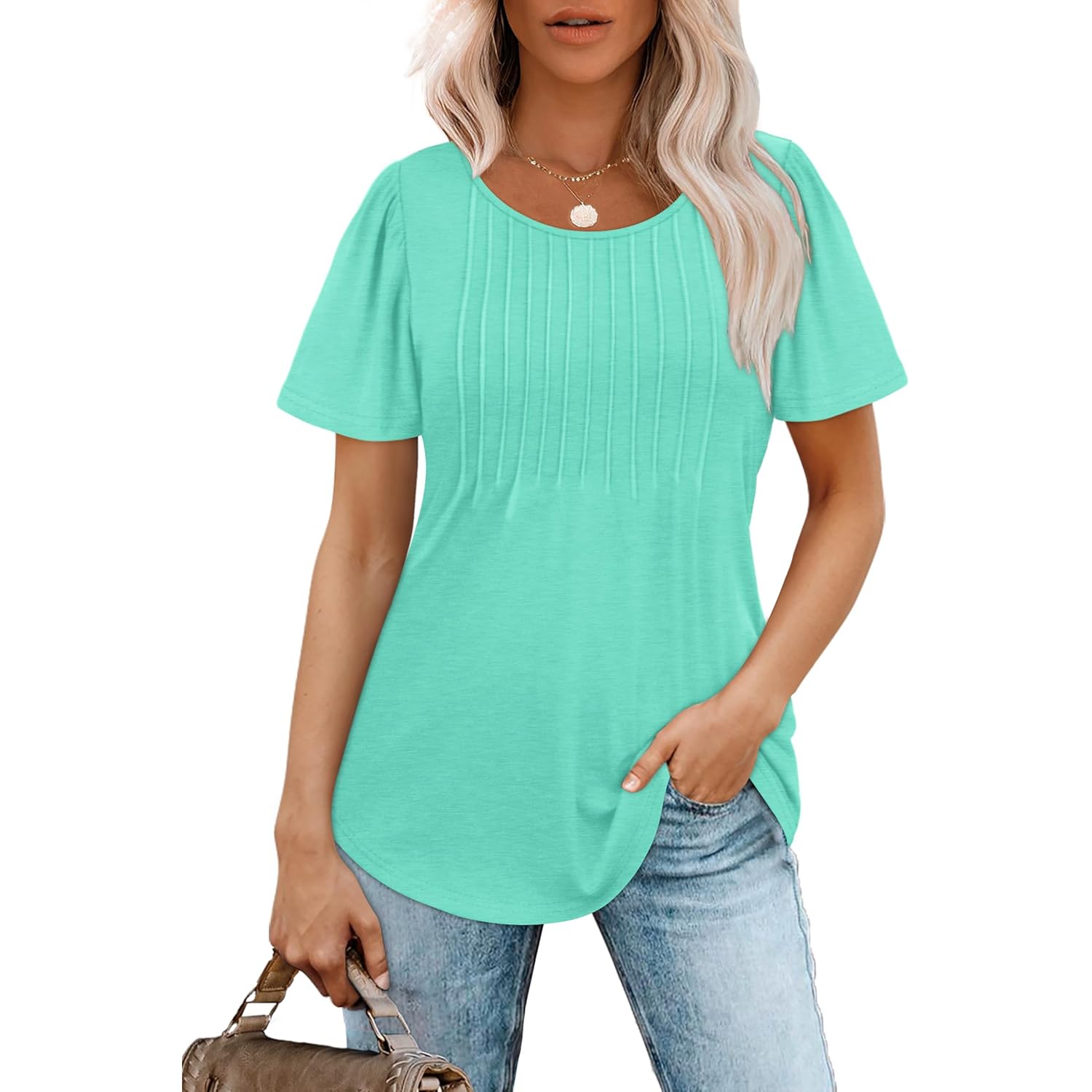 Women's Pleated Scoop Neck Tunic Top Aqua