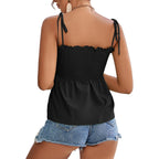 LYANER Women's Cute Summer Tops Tie Shoulder Shirred Ruffle Hem Sleeveless Sexy Cami Blouse Peplum Top