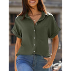 Women's Pocket V-Neck  Button Down Shirt Army Green