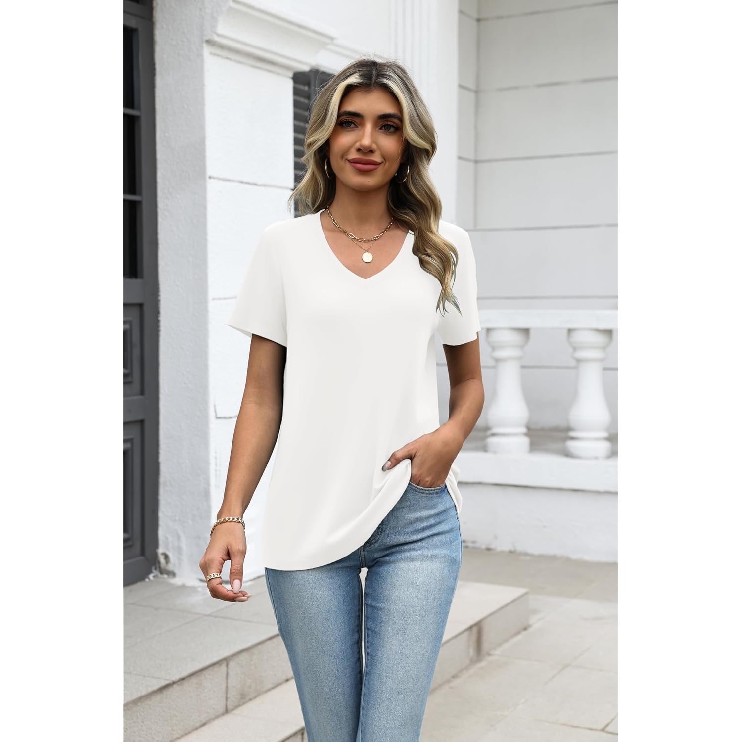 Zeagoo Womens Tops Summer Casual Short Sleeve Tshirts Business Basic Spring V-Neck Shirts Outfits S-3XL