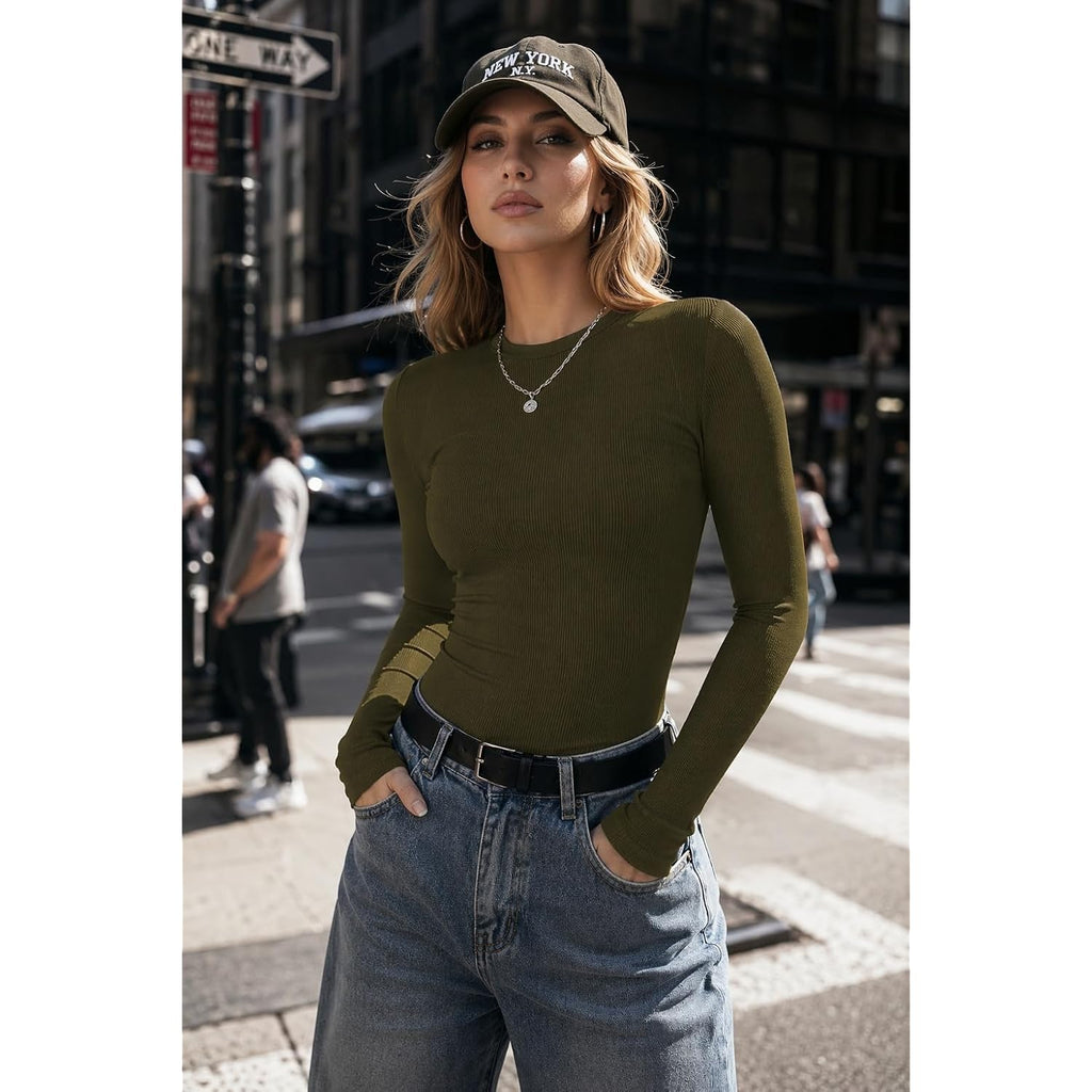 Zeagoo Womens Long Sleeve Stretch Crewneck Ribbed T-Shirt Slim Fit Casual Basic Tops S-XXL
