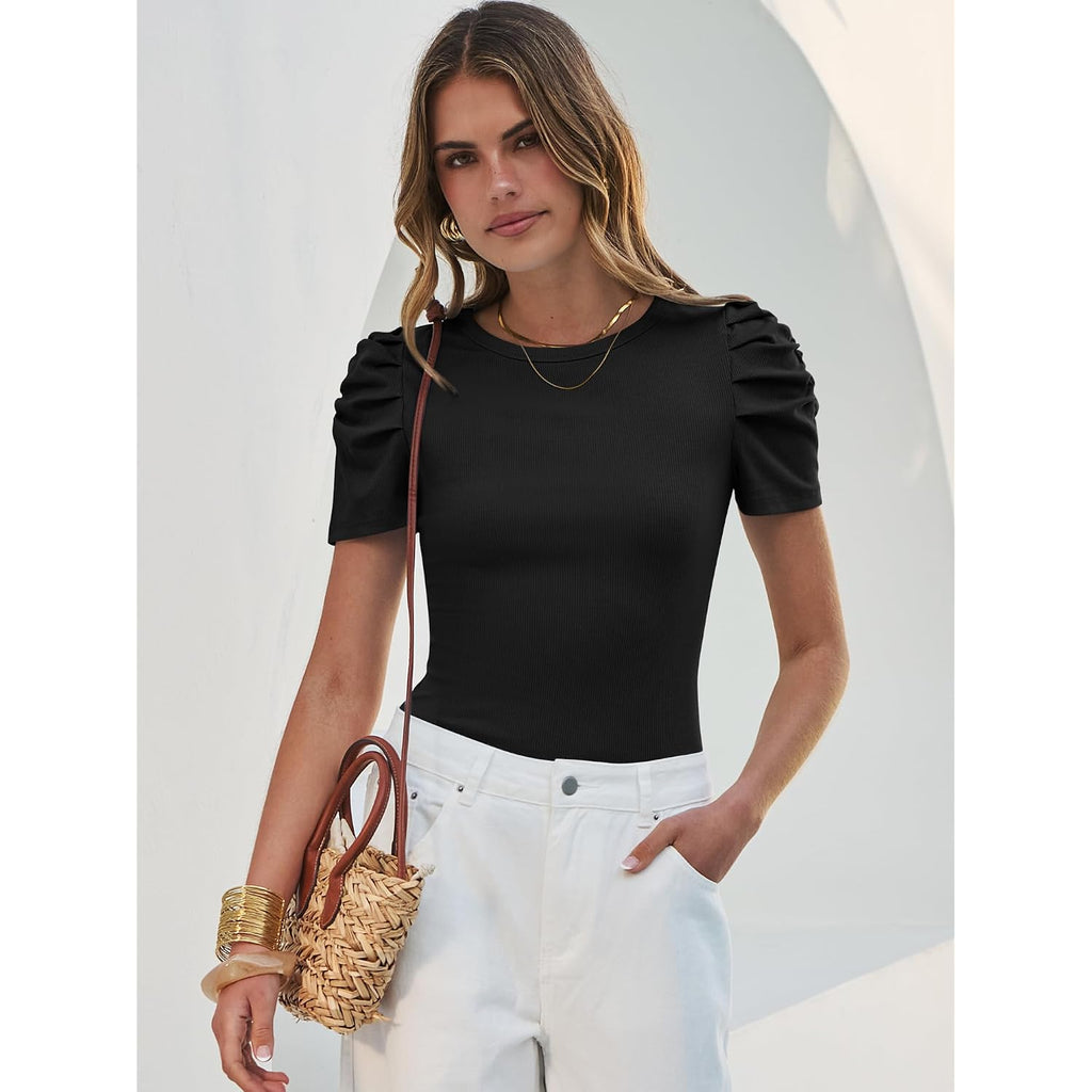 ANRABESS Women Puff Short Sleeve Crewneck Dressy Casual Tops Summer Fitted Ribbed Knit Trendy Work Shirts 2026 Spring Clothes