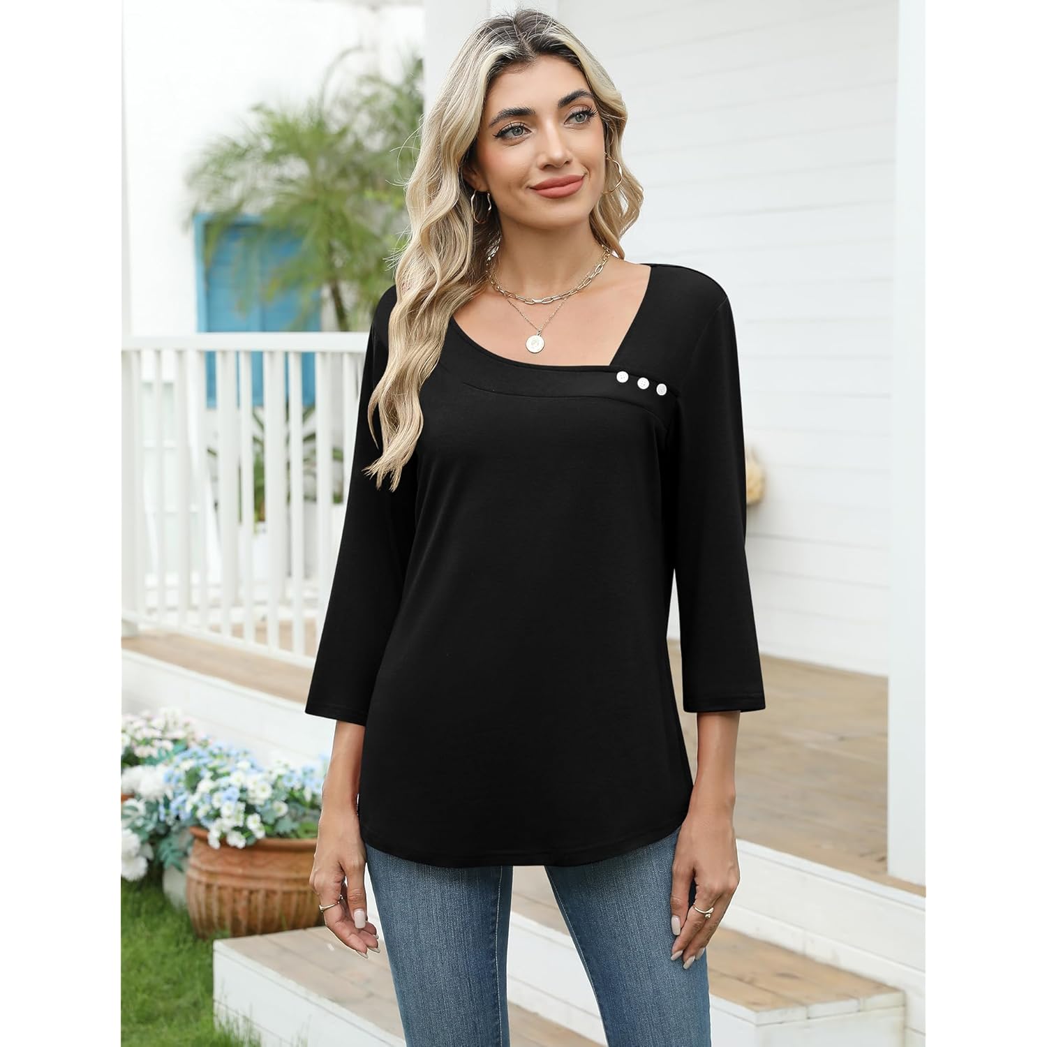 Women's Asymmetrical Neck Tunic Top Black
