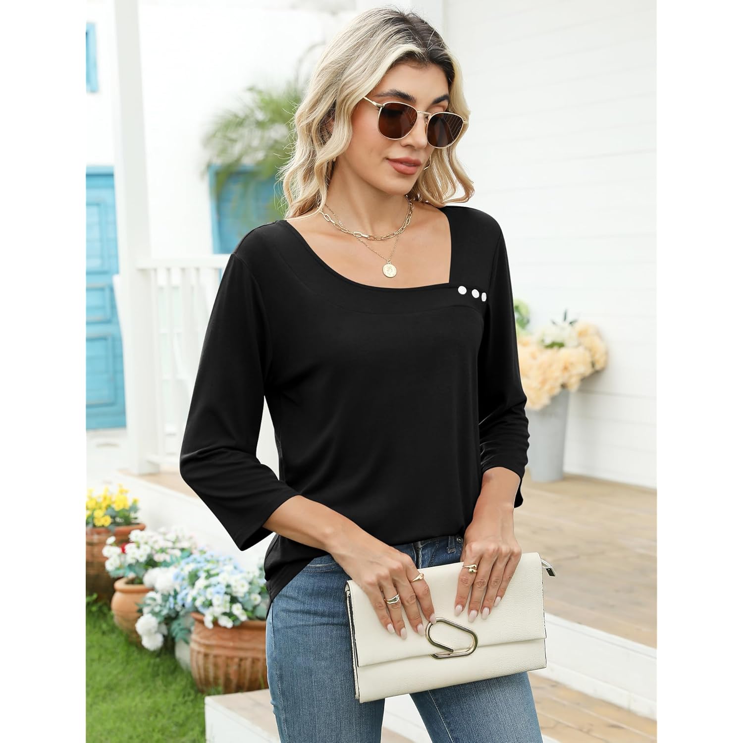 Women's Asymmetrical Neck Tunic Top Black