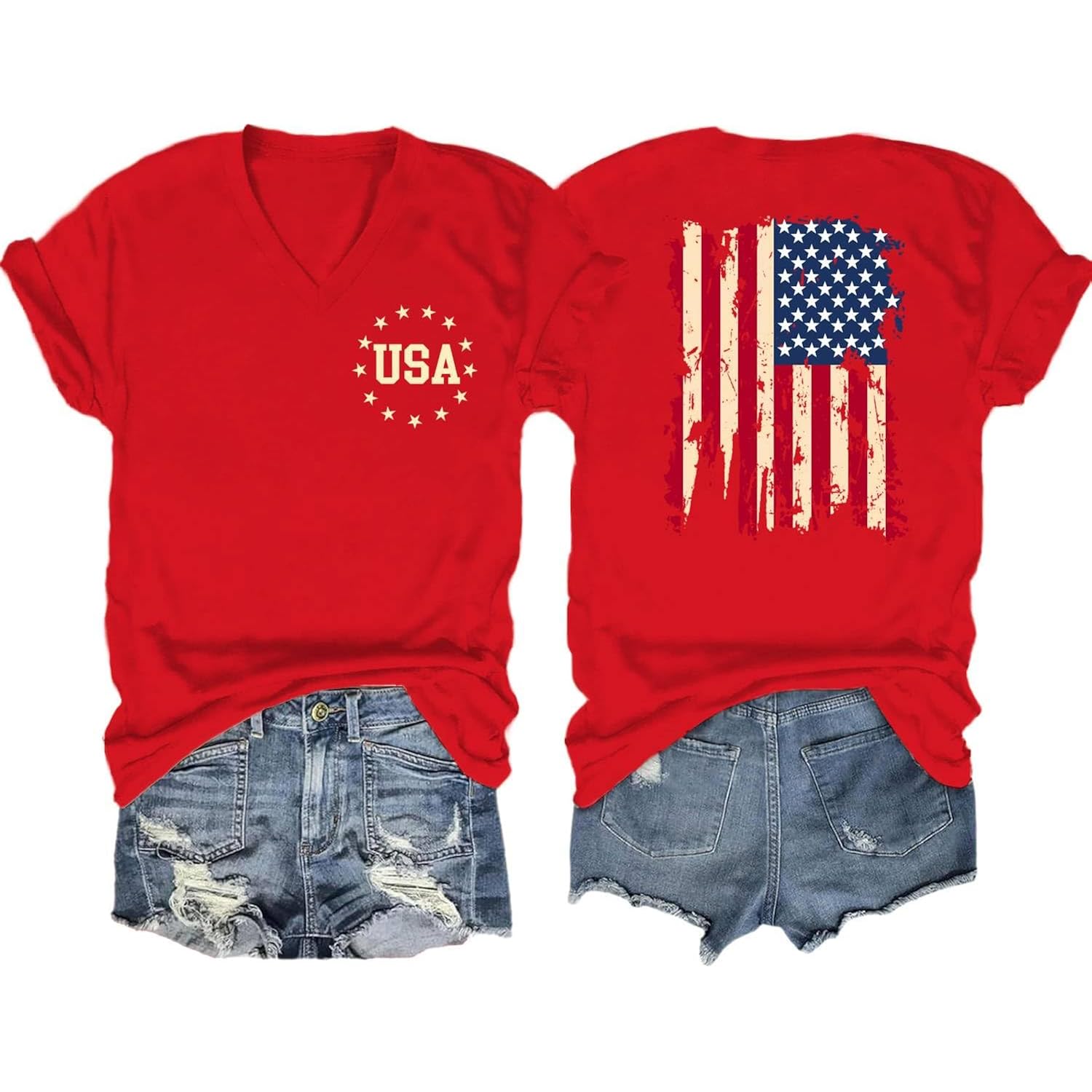 Womens American Flag Shirt USA Patriotic V-Neck T-Shirt 4th of July Short Sleeve Tee