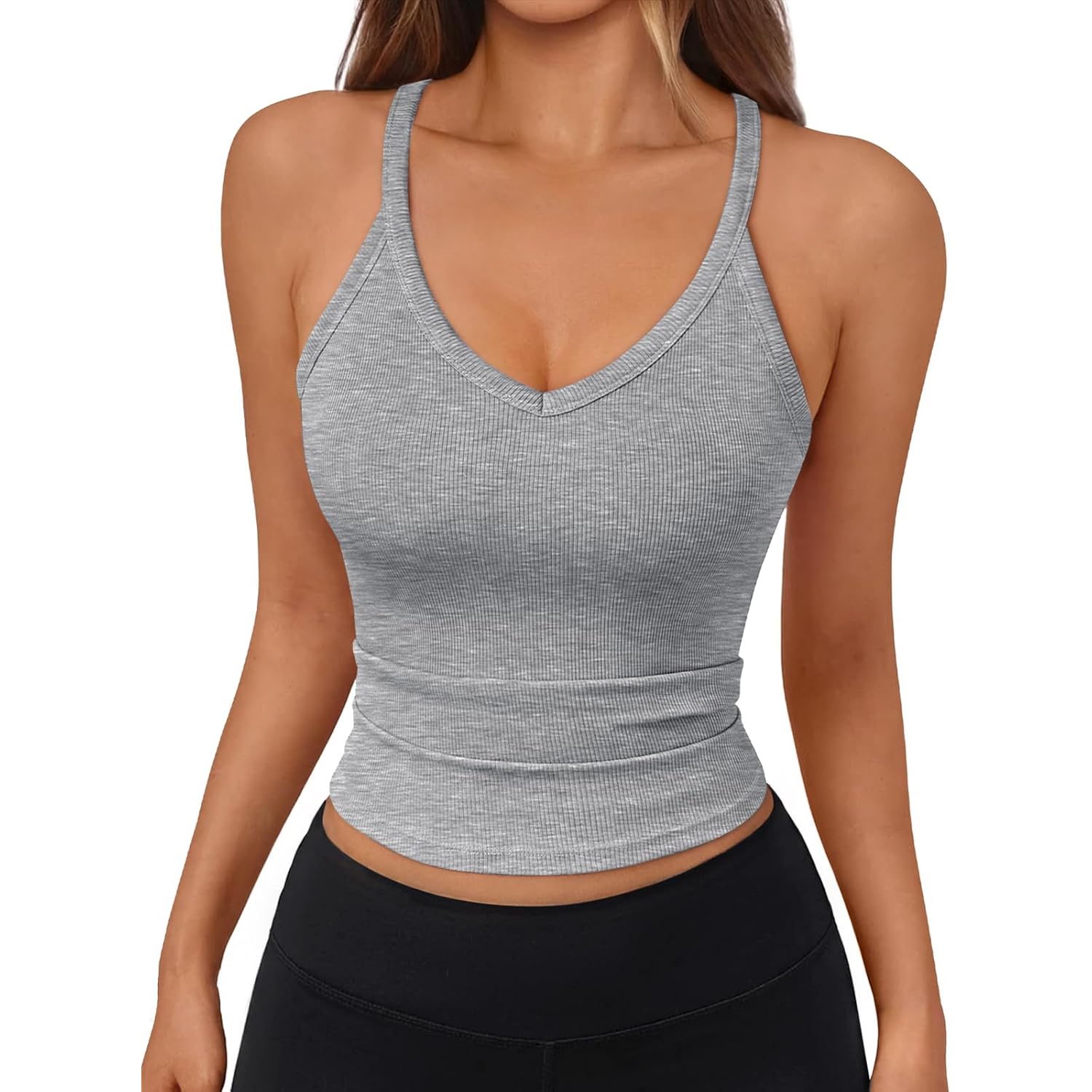 Trendy Queen Womens Racerback Ribbed Tank Tops V Neck Workout Summer Sleeveless Tops