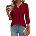 Women's Pleated Henley V-Neck Tunic Top Red