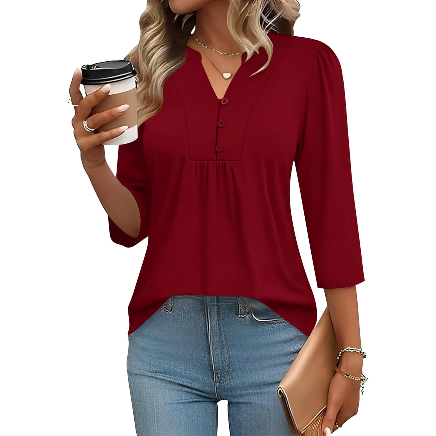 Women's Pleated Henley V-Neck Tunic Top Red