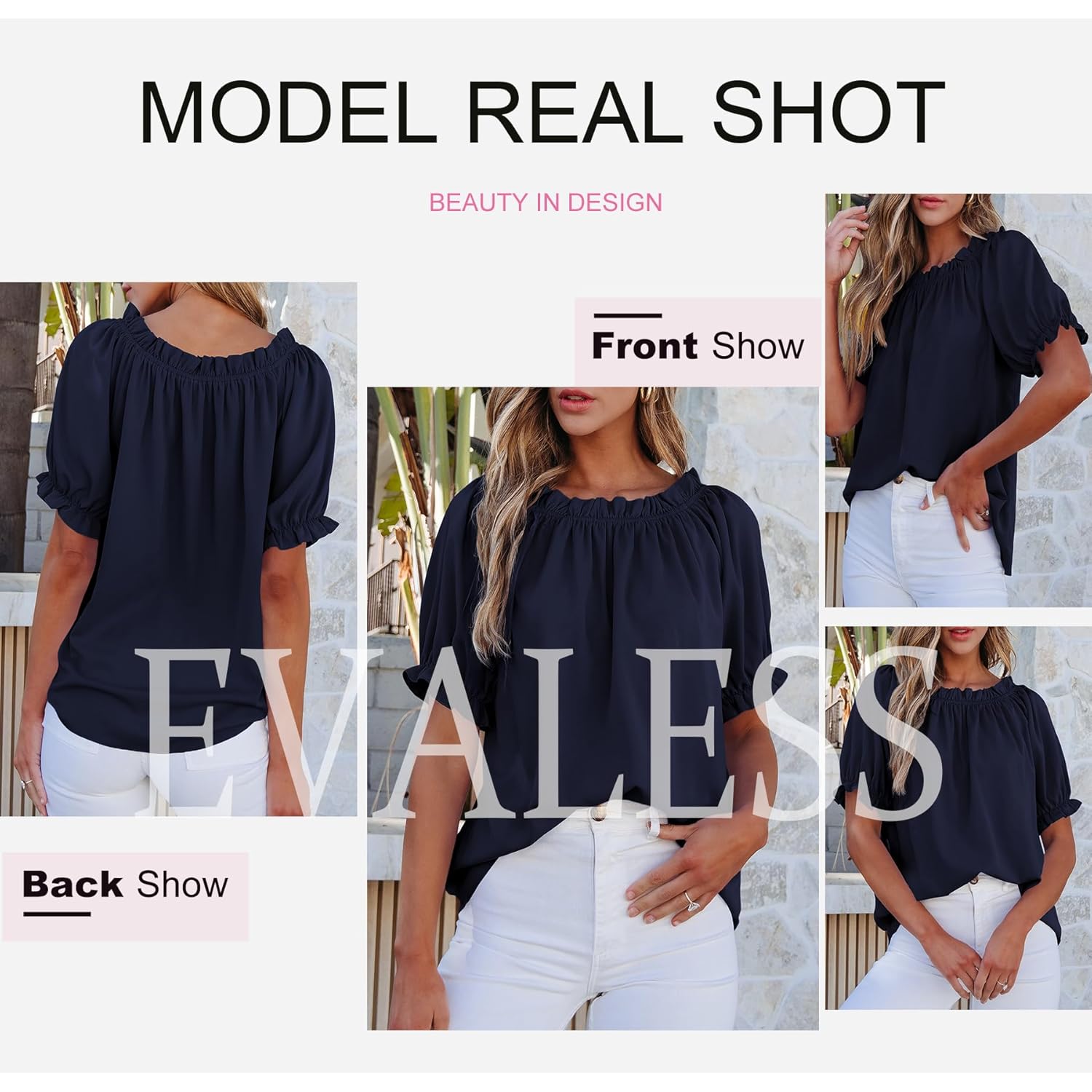 Women's Off-Shoulder Puff Sleeve Tunic Top Navy Blue