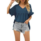 WIHOLL Womens Tops Casual V Neck Ruffle Sleeve T Shirts Babydoll Loose Fit Peplum Tops