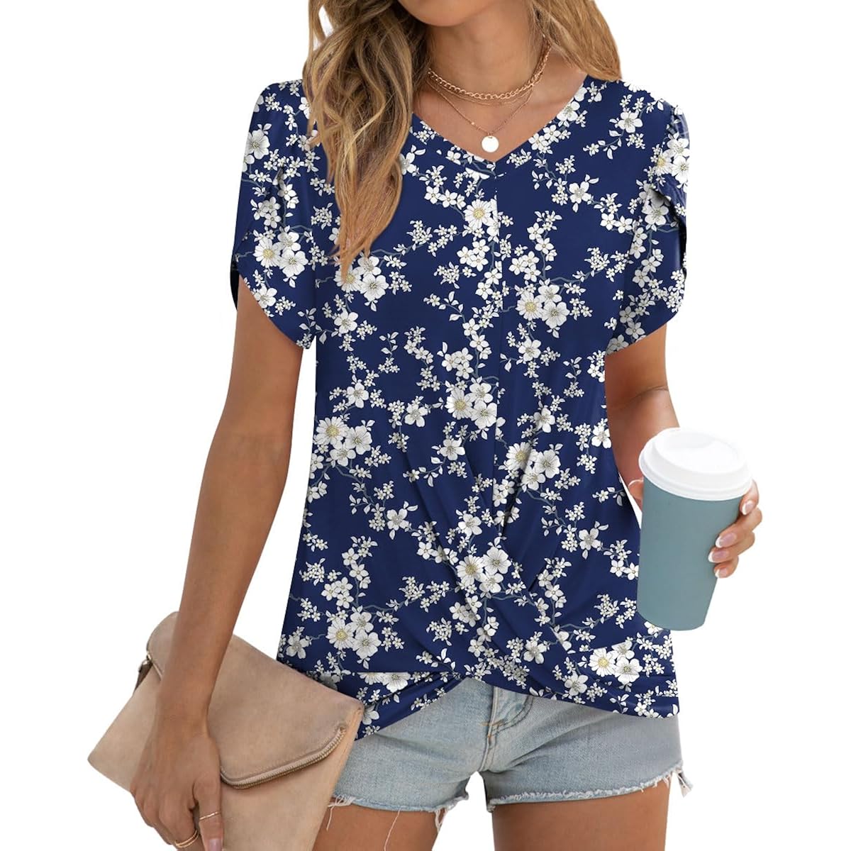 Women's Twist Front V-Neck Tunic Top V-White Floret