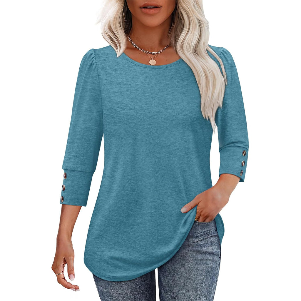 OFEEFAN Womens Tops 3/4 Sleeve with Buttons Dressy Casual Blouses Summer Outfits Beach Vacation Plus Size Spring Clothes