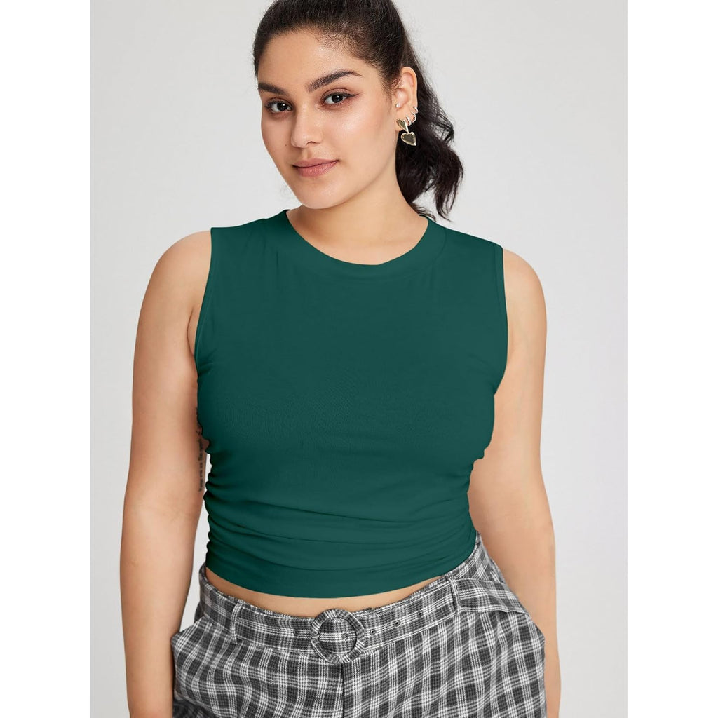 CIDER Plus Size Tops for Women Sleeveless Ruched Crew Neck Crop Tank Top Summer Casual Outfits